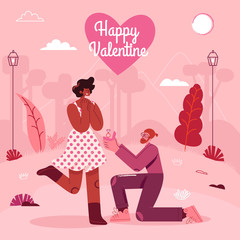 Valentine's Day greeting card. Man Kneeling Offering Engagement Ring to his Girlfriend. modern flat style vector illustration