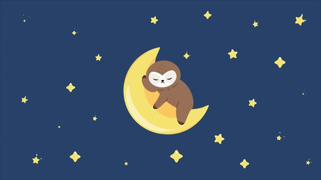 Background video for music for children. Clip for calm music at night for baby. Animation of a sloth baby swinging on the moon, stars shining around.