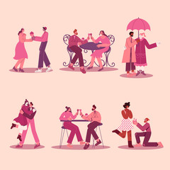 Set of romantic couples in love with modern flat style vector illustration. suitable for greeting card, banner, poster and flyer