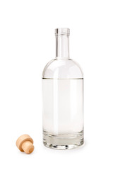 Glass bottle with liquid, a cover on a white background