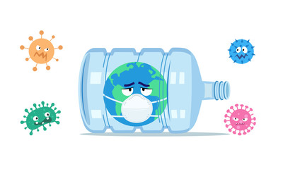 The world has a anti-pollution mask in the drinking water bottle with a virus around it Vector illustration