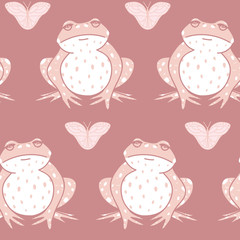 Vector Frogs with Butterflies in Pink seamless pattern background.