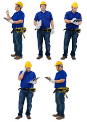 collection set of construction foreman in blue shirt with Protective gloves, helmet with tool belt hand holding clipboard and check the work list isolated on white