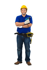 construction man workers in blue shirt with Protective gloves, helmet with tool belt hand holding power drill isolated on white