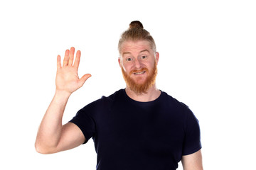Naklejka premium Red haired man with long beard raising his right hand