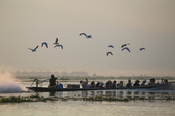 The famous fishermen of Inle Lake, Myanma, working at sunrise