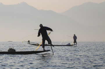 The famous fishermen of Inle Lake, Myanma, working at sunrise