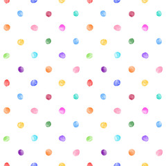 Colorful watercolor round spots, uneven tiny polka dots seamless vector pattern. Circle shape brush strokes, paint stains, smudges, watercolour smears background. Hand drawn multicolor dot texture.