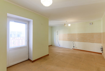 Russia, Moscow- October 10, 2019: interior room apartment decrepit old sloppy non modern setting. cosmetic repairs required