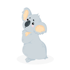 Hand drawn vector illustration of a little shy koala bear in cartoons style. Isolated on white background. Cute little sitting koala in childish style.
