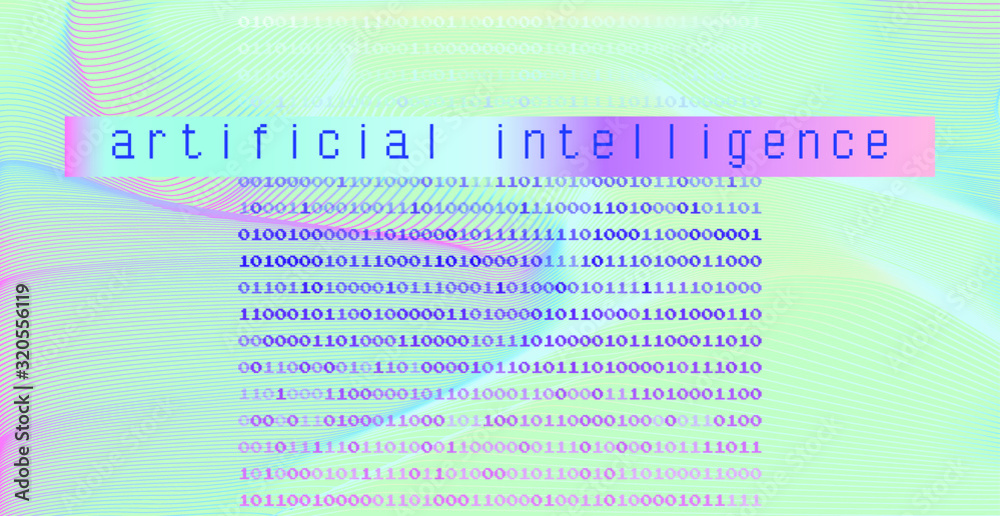 Poster Glitched screen with binary code and wavy grid. Concept illustration for Artificial Intelligence, Big Data and Machine Learning technologies.