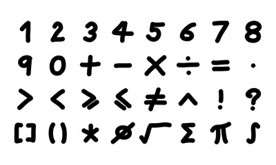 Black color handwriting of number and mathematics symbol on white background