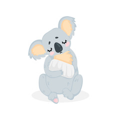 Vector hand drawn illustration of a cute little koala bear with bandaged paw in cartoons style. Isolated on white background. A little sad koala has a sore of paw. Art in childish style.
