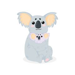Vector hand drawn illustration of cute koala bear mother hugs her baby in cartoons style. Isolated on white background.  Mothers Day art with funny koala mother hugs her baby in childish style.