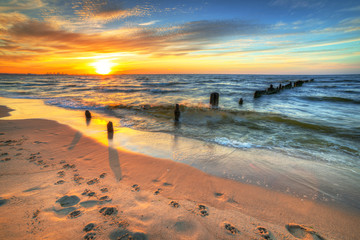 Beautiful beach of the Baltic Sea at sunset in Gdansk, Poland