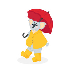 Hand drawn vector illustration of a little koala bear in yellow raincoat and rubber boots walking under an red umbrella in cartoons style. Stock image isolated on white background.