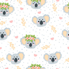 Vector hand drawn seamless pattern with cute koala bear face in cartoons style on white background with dots and leaves. Repeated background with funny koala face. Best for textile and print design.