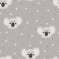 Vector hand drawn seamless pattern with cute koala bear face in cartoons style on begie background with dots. Repeated background with funny koala face. Best for textile and print design.