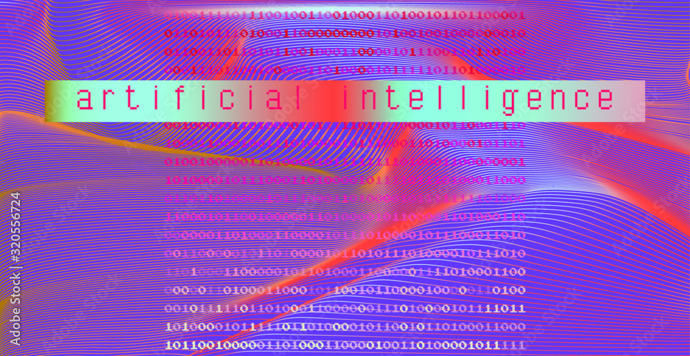 Aufkleber Glitched screen with binary code and wavy grid. Concept illustration for Artificial Intelligence, Big Data and Machine Learning technologies.