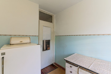 Russia, Moscow- October 10, 2019: interior room apartment decrepit old sloppy non modern setting. cosmetic repairs required