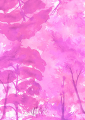 Watercolor landscape. pink trees, bushes,spruce, pine, cedar.Watercolor group of trees - willow, sakura, aspen,cherry, apple,cedar, larch. Summer, spring. Bonsai tree. Abstract pink background.