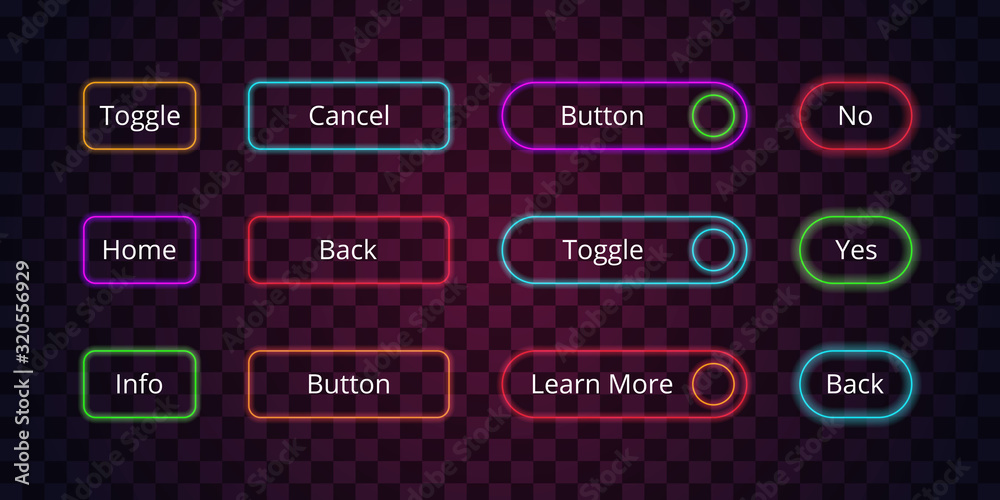 Poster neon buttons. glow web entering click lighting buttons digital badges for online projects electric c