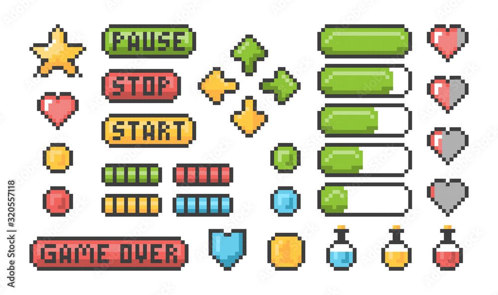 Poster Pixel game icon. Ui web bars and buttons for 8 bit console vector retro elements. Game interface, bright gui 8-bit illustration