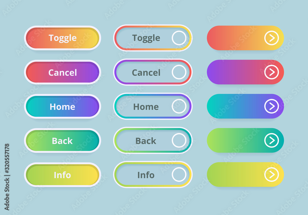 Poster Gradient buttons. Web ui elements colored template vector action buttons set. Toggle and cancel buttons, kit menu glowing illustration
