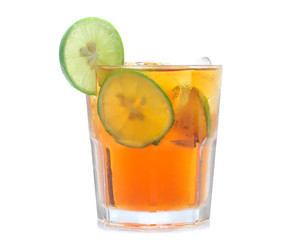 glass of iced tea with lemons  isolated on a white background
