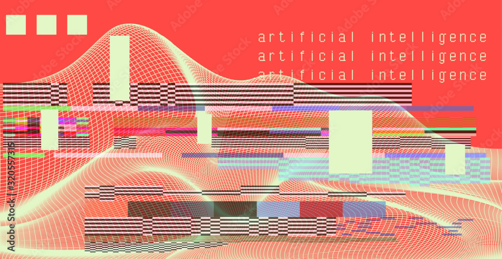 Poster Glitched screen with binary code and wavy grid. Concept illustration for Artificial Intelligence, Big Data and Machine Learning technologies.