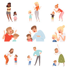Sad parents. Angry dad punish son scared kids expression reaction crying childrens vector pictures. Illustration parent and kid, child discipline, problem conflict - obrazy, fototapety, plakaty