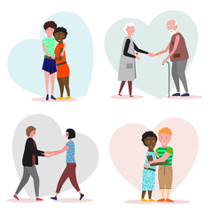 Set of loving couples on a background with hearts. Valentine Day template. Man and woman holding hands. Two girls embrace and holding hands