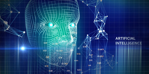 Abstract futuristic background with blue lines.  Robotic wireframe head concept.  AI concept.  Conceptual technology illustration of artificial intelligence. 3d illustration.