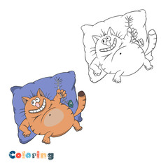 Cartoon fat lazy cat lies on a pillow and eats fish. vector illustration in the form of coloring and color example.