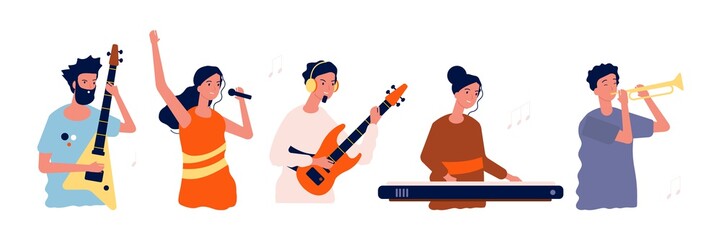 Musicians and singers. People with music instruments. Concert, festival or event persons vector illustration. Music event festival, performance singer, musical band