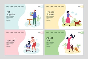 Pets landing pages. People caring about animals. Cute flat characters with cats, dogs and fish vector web banners. Care dog friendship, landing page, fish and cat illustration