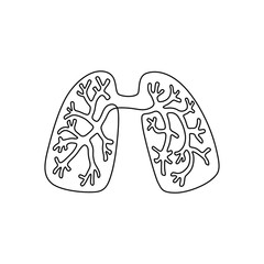 Human lungs, continuous line drawing, emblem or logo design, silhouette one single line on a white background, isolated vector illustration.