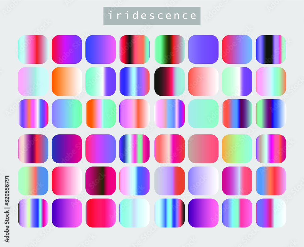 Poster set of iridescent gradient swatches for design. mix of trend colors for 2020 year: opalescent and sh