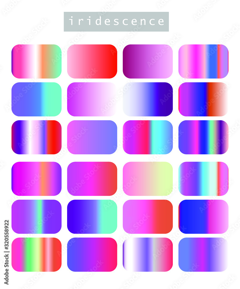 Poster set of iridescent gradient swatches for design. mix of trend colors for 2020 year: opalescent and sh