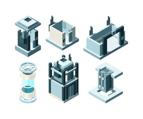 Lift isometric. Steel doors underground entrance elevator cabin interior automatic gate vector collection. Elevator door, isometric lift illustration © ONYXprj