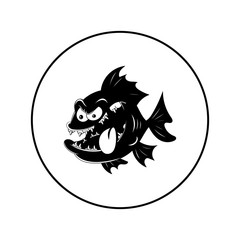 Big toothy fish. Vector illustration in the form of a round black and white icon for websites.