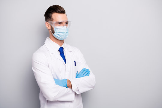 Profile Side Portrait Of His He Nice Attractive Cheerful Experienced Doc Scientist Dentist Surgeon Apothecary Physicist Folded Arms Isolated On Light White Gray Pastel Color Background