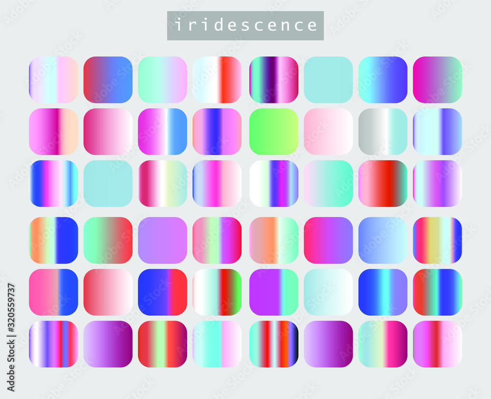 Poster set of iridescent gradient swatches for design. mix of trend colors for 2020 year: opalescent and sh