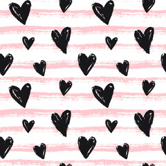 Love seamless pattern with hand drawn hearts. Striped background.
