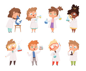Science kids. Childrens in chemistry lab boys and little girls vector funny people. Lab science, chemistry kids in laboratory education experiment illustration