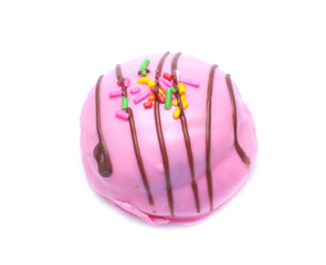 Donut with colorful sprinkles isolated on white background. Top view