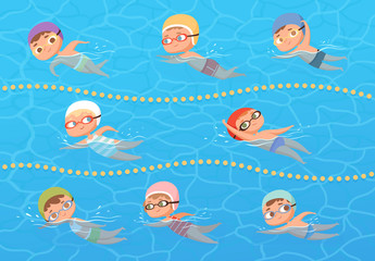 Kids in water pool. Children sport education swimming lesson vector cartoon clipart. Sport pool water, childhood fun, boy and girl swim illustration