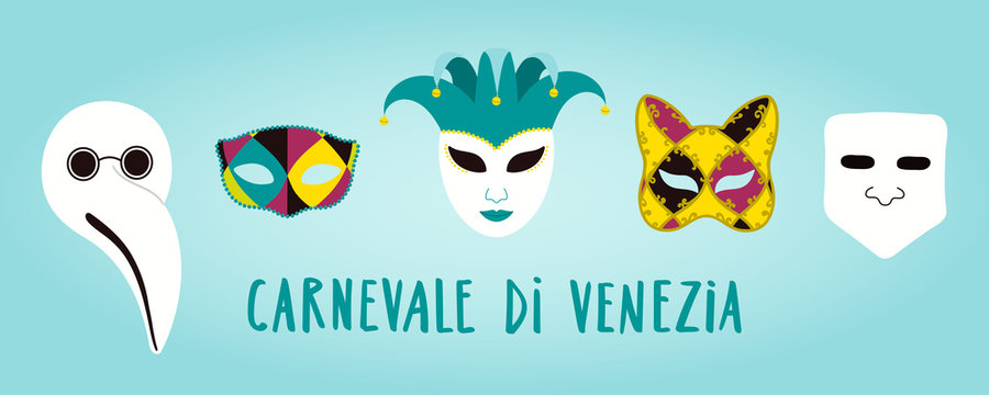 Hand drawn vector illustration with traditional Venetian carnival masks arlecchino, bauta, doctor plague, Italian text Carnevale di Venezia. Flat style design. Concept carnival poster, flyer, banner.