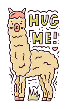 Hug me! Doodle composition with cute alpaca and hand lettering. Print for stickers, t-shirts and other. Vector illustration. 