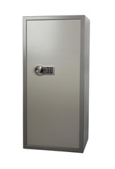 Big steel safe with electronic lock on white background